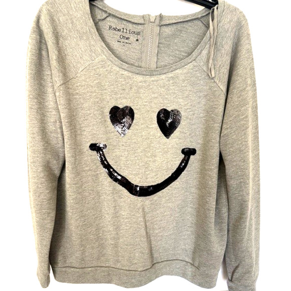 REBELLIOUS ONE ZIP BACK SWEAT SHIRT HEATHER GRAY SEQUIN SMILEY FACE SZ LARGE NEW - Picture 1 of 9